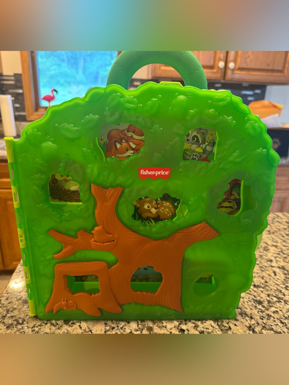Fisher-Price Green & Orange Tree Shape Sorter Carry Case 4 LITTLE PEOPLE animals